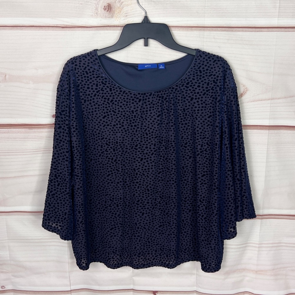 Apt 9 Top Womens XL Blue Velvet Dot Blouse Kimono Sleeve Round Neck Pullover